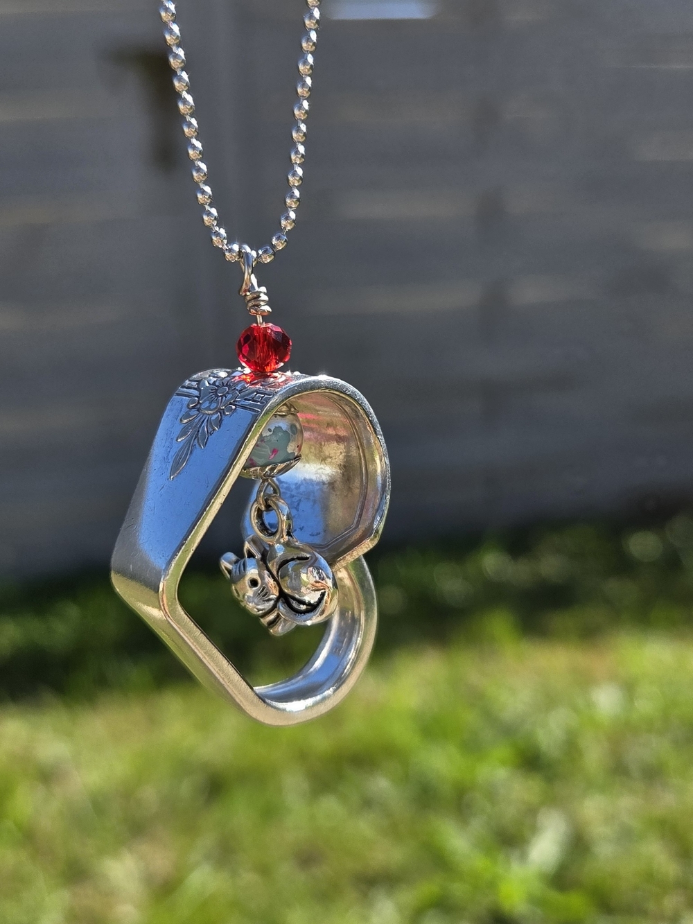 Silverplated Heart Spoon Pendant Necklace with Red Crystal Accent